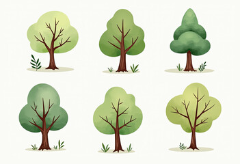 Fototapeta premium Charming set of six watercolor tree illustrations featuring various green foliage shapes, ideal for children's books, eco-friendly branding, or nature-themed designs. 