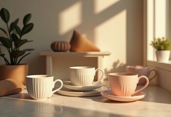 Obraz premium artful coffee cup arrangement shadows light play modern aesthetic cozy vibe inspirational decor home stylish design, mug, table, interior, life, brew