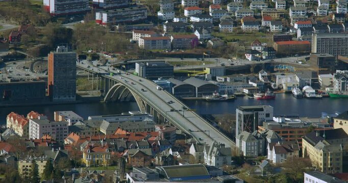 Wide shot of the Puddefjordsbroen, Bridge in Bergen. Filmed from Fl&oslash;yen Panorama