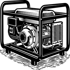 High contrast black and white illustration depicting a portable gasoline powered generator with detailed linework for commercial use.