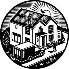 Illustration depicting a home with solar panels on the roof as part of an eco-friendly sustainable energy program