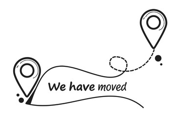 Minimalist vector illustration conveying a relocation announcement featuring map pin icons connected with a dotted line and the text "we have moved".