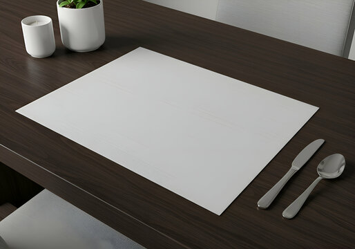 Empty white placemat on dark wooden dining table with utensils. Blank placemat ready for design mock-up in restaurant setting.