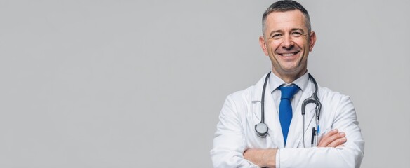 The smiling doctor in a white coat promoting healthcare and professionalism.
