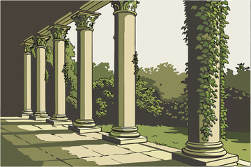 classical roman column pillars with ivy climbing up the sides, detailed, highly realistic, photorealistic, cinematic lighting, 8k