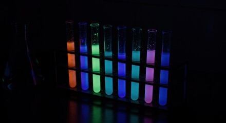 Glowing Test Tubes with Fluorescent Liquids in Dark Lab | Science Experiment, Research, Education, Chemistry, Biology Stock Image