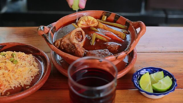 Add lemon to the Mole de Olla accompanied with rice