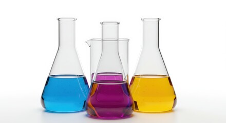 Chemistry Beakers with Blue, Purple, and Yellow Liquids | Scientific Glassware for Laboratory Research, Pharmaceutical Studies, and Experiment Visuals
