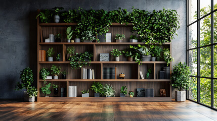 Fototapeta premium A contemporary-style bookshelf adorned with plants that serves as a modern decorative element for virtual office backdrops