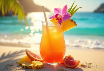Obraz premium bright tropical cocktail glass vibrant garnish colorful drink refreshing summer vibes, ice, beverage, liquid, sweet, fruity, beach, enhance, presentation