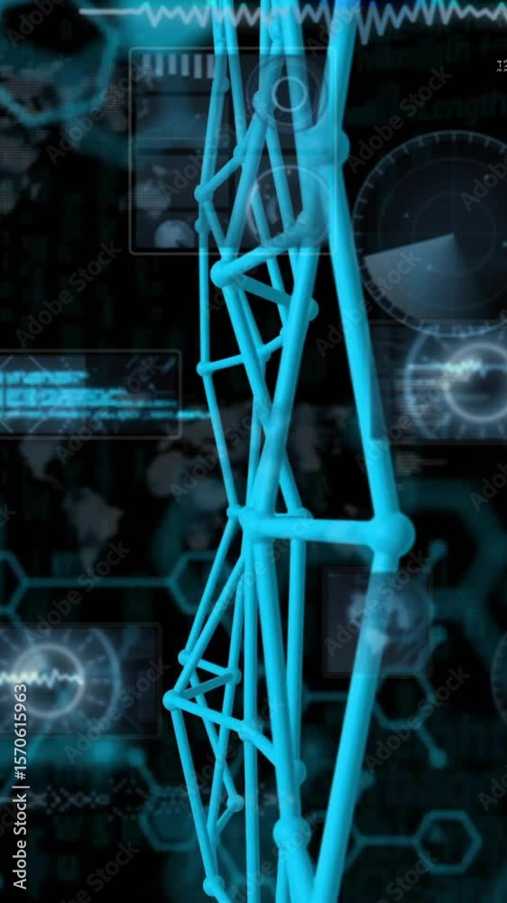 Poster animation of 3d structures, molecule structures, radars and computer language over black background