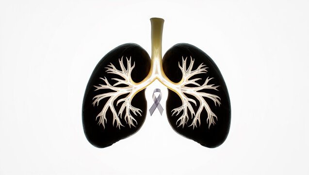 Symbolic representation of lung cancer awareness with a grey ribbon and illuminated bronchial tree - Powered by Adobe