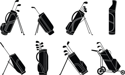 Set of black golf bag silhouettes with clubs, standing and on trolley, isolated vector icons for sports, golf equipment, and