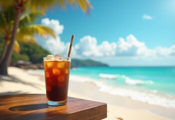 chilled iced coffee refreshment beach vibes sunlight waves relaxation ocean relaxing experience coffee aesthetic, sunset, sand, drink, water, vibrant