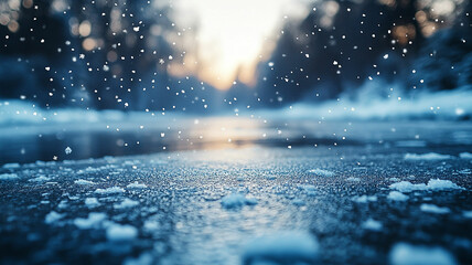 Dreamy, serene winter abstract. Glittering ice and falling white flakes.