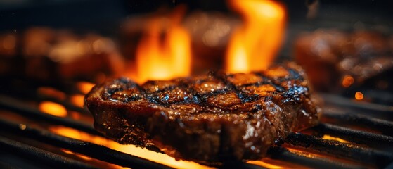 The sizzling steak on the grill amidst lively flames and smoky aromas.