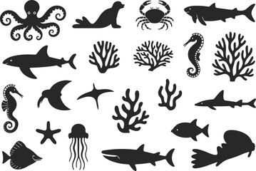 Silhouette collection of various marine animals and coral reef shapes, including sharks, octopus, seahorses, starfish, jellyfish, and underwater sea life icons