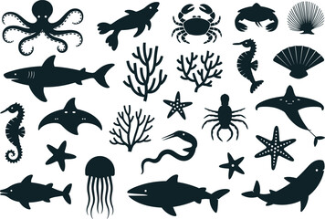 Silhouette collection of various marine animals and sea creatures including sharks, octopus, seahorses, starfish, jellyfish, coral, crab, and shells in black