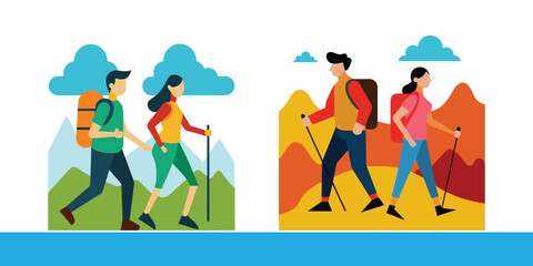 A couple hiking man and woman active lifestyle outdoor illustration