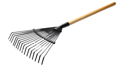Rake with long wooden handle and metal tines, isolated on transparent background