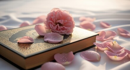 Islamic Book with Gold Design and Pink Rose Petals | Religious Text with Floral Decoration for Ramadan, Eid, Muslim Celebrations, Spiritual and Educational Content