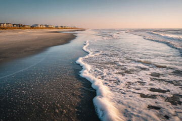 serene untouched beach at sunset soft light illuminating gentle waves and golden sand