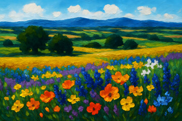 Fototapeta premium Vibrant wildflower meadow under blue skies colorful flowers