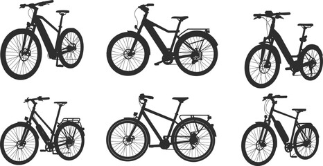 Set of six black silhouette electric bicycles, modern e-bikes with battery packs, mountain and city styles, isolated on white background, eco-friendly transport
