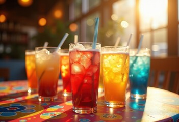 colorful drink cups vibrant table setting filled happiness joyous celebration, furniture, ceramic, glass, beverage, refreshment, tableware, party