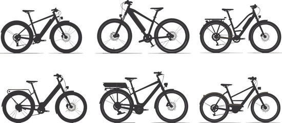 Set of six modern electric bicycles silhouettes, e-bikes collection, urban and mountain electric bikes, eco-friendly transportation, battery-powered cycling, sustainable mobility concept