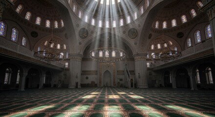 Grand Mosque Interior with Sunbeams Streaming Through Arched Windows | Religious Architecture and Spiritual Symbolism for Travel, Culture and Architectural Design