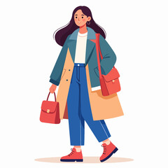 A woman wearing a coat jeans and shoes holding a purse with a bag over her shoulder