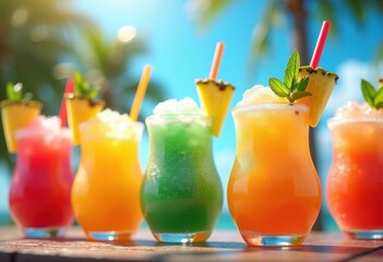 colorful frozen cocktails delightful variants refreshing vibrant garnishes summer party tropical bliss, drink, beverage, fruit, ice, sorbet, lemon, berry