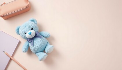 Pastel Flat-Lay of Blue Teddy Bear with Notebook, Pencil, and Zipper Pouch on Cream Background