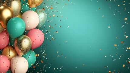 A vibrant and festive birthday card design with balloons gold, pink and green featuring a modern celebration theme