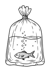 fish in plastic bag line art illustration