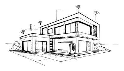 smart home modern house with wifi technology sketch vector illustration