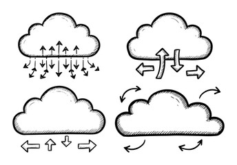 hand drawn cloud computing icons set sketch style data transfer symbols