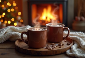 Fototapeta premium cozy hot chocolate mugs warmly nestled inviting firewood fireplace obscured soft warmth elegance, cup, drink, embers, smoke, rug, home, beverage, fireside