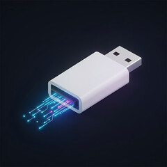 USB Flash Drive Data Transmission: A sleek, modern USB flash drive glows with streams of vibrant data flowing, in a digital connection. This image is perfect for projects related to technology.