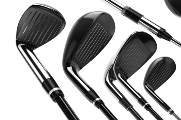Isolated set of golf clubs with black covers on transparent background, sport