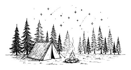 night forest camping tent and campfire vector sketch illustration © Kaz