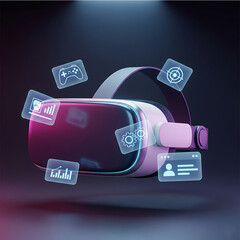 Immersive VR Experience: A sleek VR headset hovers amidst interactive icons. Glowing interfaces, including data charts, settings, a gamepad, and a user profile icon.