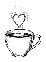 hand drawn coffee cup with heart shaped steam sketch