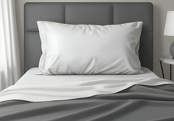 Empty white pillow on a gray bed with draped sheets. Blank pillow resting on a gray bed, showcasing bedroom interior design.