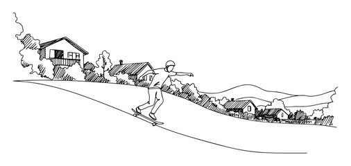 Fototapeta premium skateboarder riding downhill in suburban neighborhood sketch