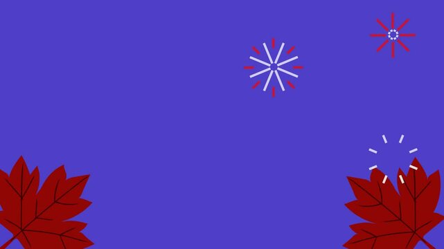 Festive and patriotic background featuring a cartoon red maple leaf with fireworks. Perfect for Canada Day videos, national holiday greetings, and celebrations.
