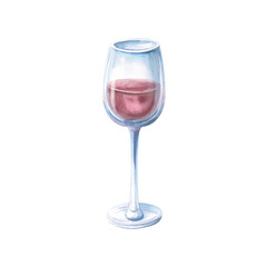 Half full glass of red wine. Isolated watercolor illustration in realistic style for restaurant, bar design, menu design, printing on posters and postcards.