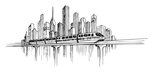 modern train with city skyline line art © Kaz