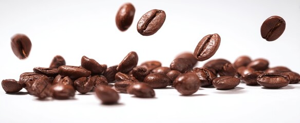 Obraz premium The vibrant dance of coffee beans floating in the air.